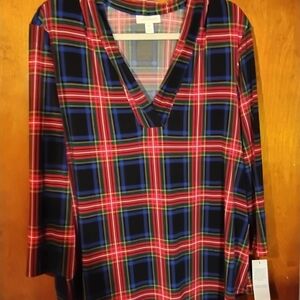 Charter Club Multicolor Plaid V-Neck Blouse
